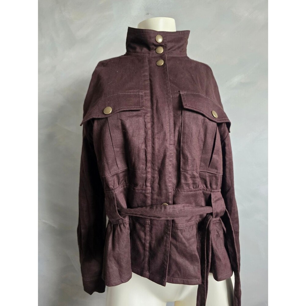 Banana Republic Linen Aviator Tie Waist Jacket Top Bark Brown Sz S High Neck - Picture 2 of 11